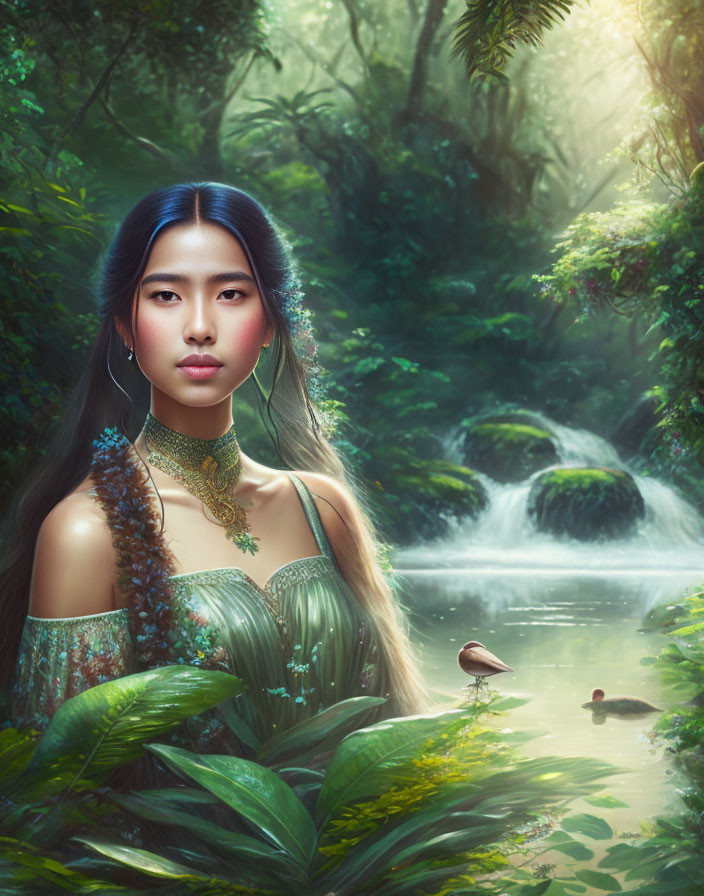 Long-haired woman in traditional attire by mystical forest waterfall