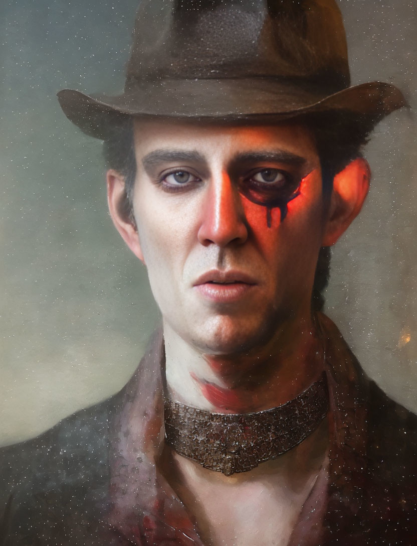 Man in fedora with somber expression and red paint streaks, evoking haunting appearance