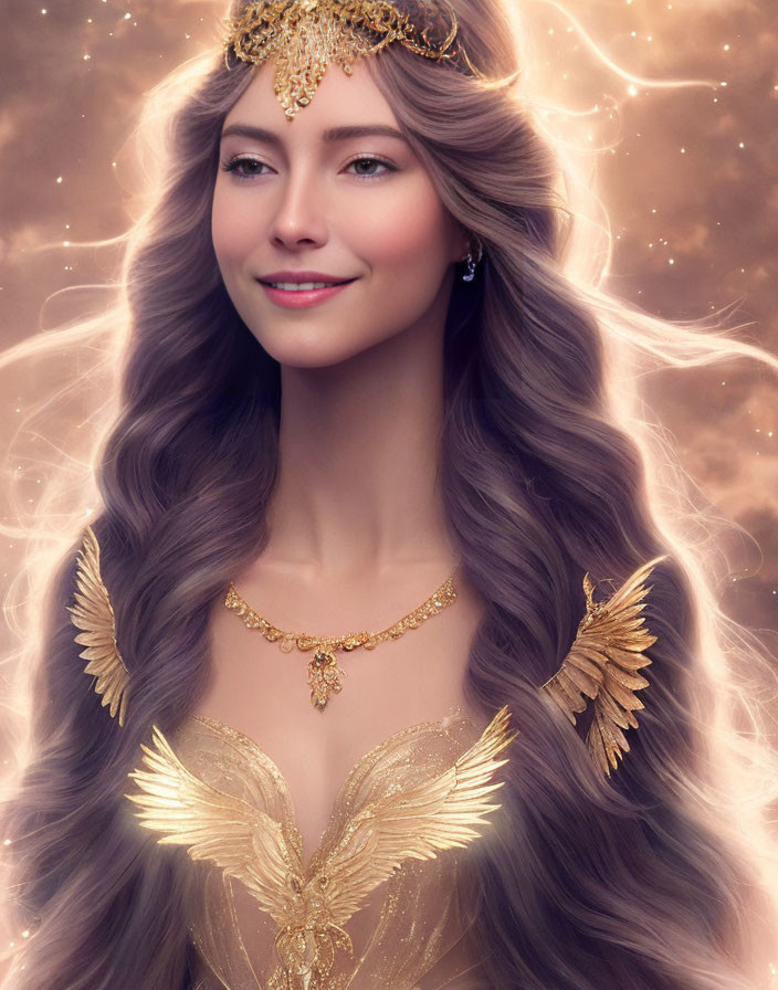 Serene woman with long wavy hair in golden attire with angel wings on starry backdrop