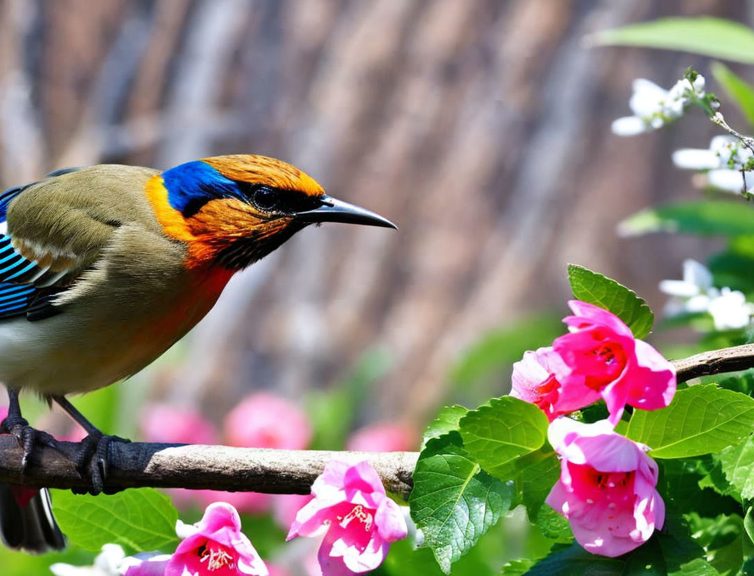 Colorful Bird with Blue Stripes and Orange Head Perched Among Blossoms