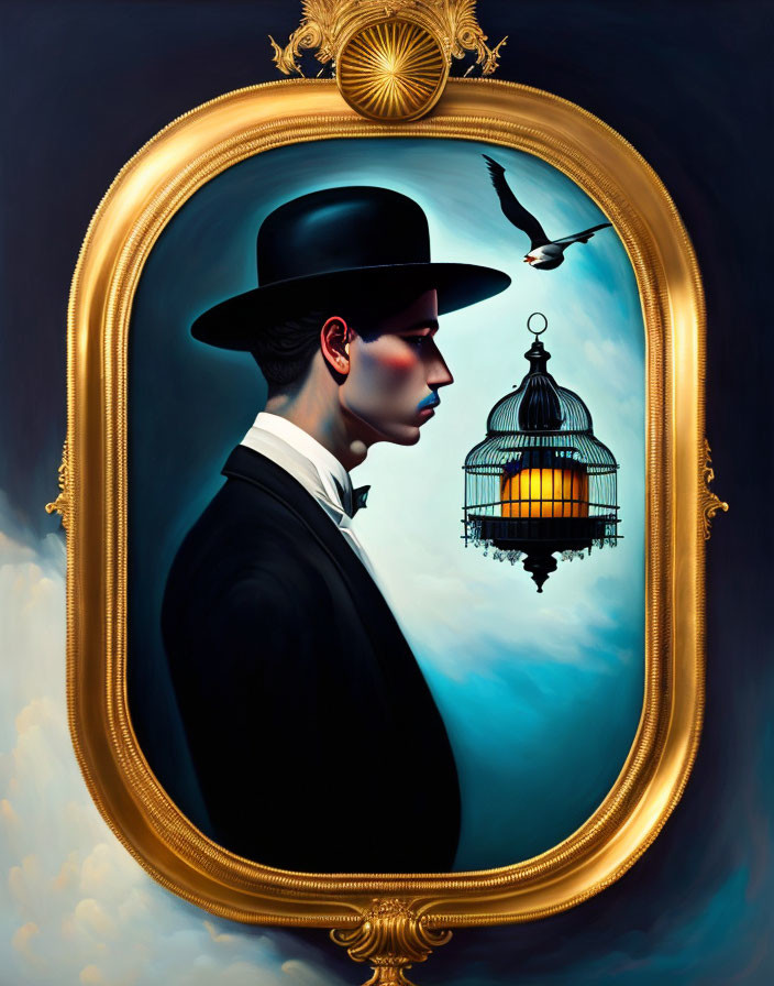 Surrealist portrait with bowler hat, bird, and cage against cloudy sky