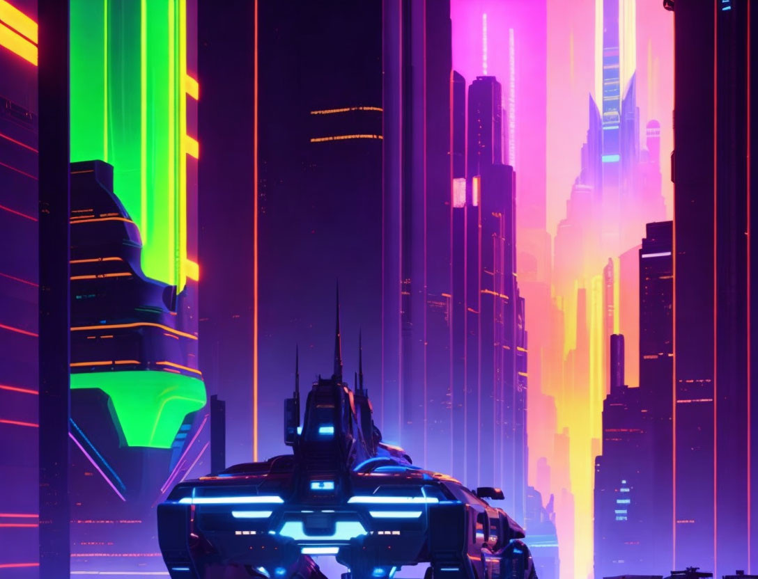 Futuristic night cityscape with neon lights and flying vehicle