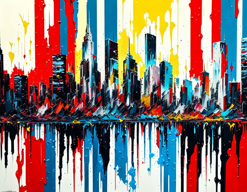 Vibrant abstract cityscape painting with colorful dripping paint and skyscrapers in red, white,