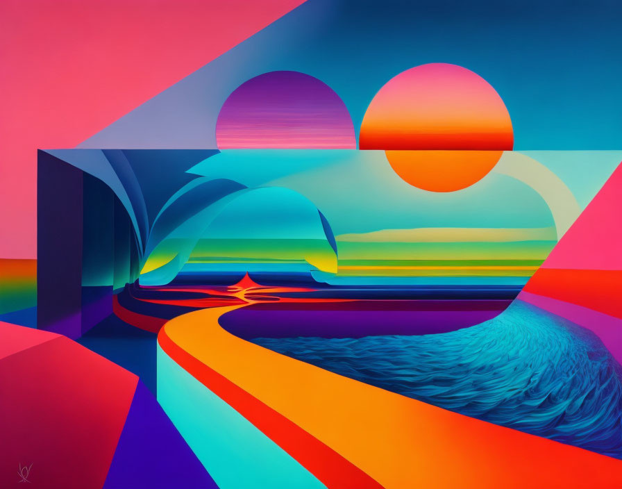 Colorful abstract landscape with geometric shapes and gradient skies