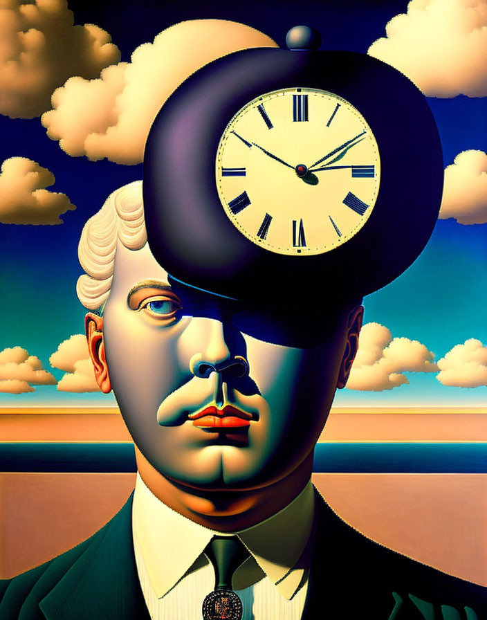 Surreal person with clock face in traditional attire against cloudy sky