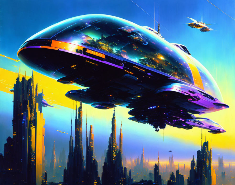 Futuristic sci-fi scene with large spaceship above cityscape