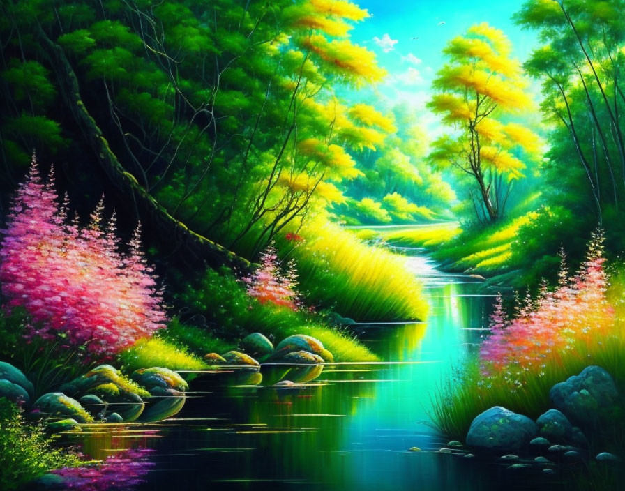 Serene river painting with lush foliage and birds in blue sky