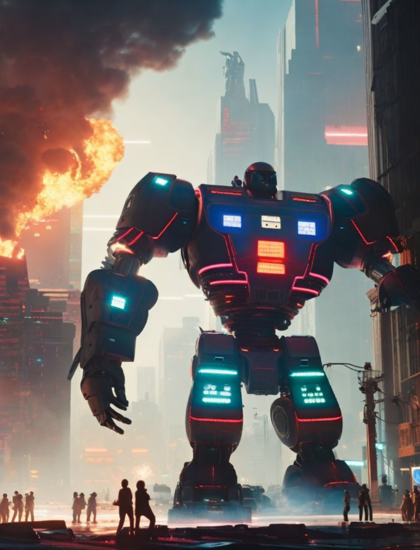 Giant robot with blue and red lights in futuristic city with smoke and fire