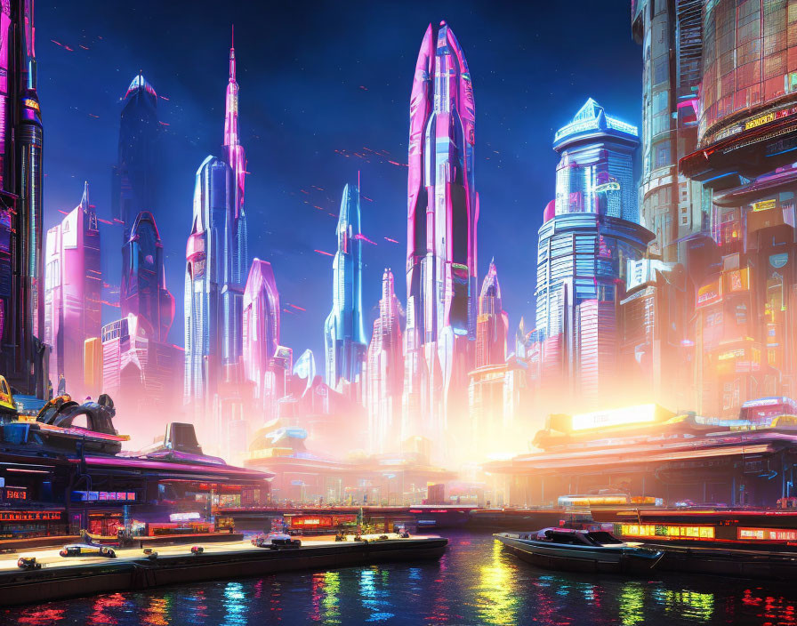 Neon-lit skyscrapers in futuristic cityscape at dusk