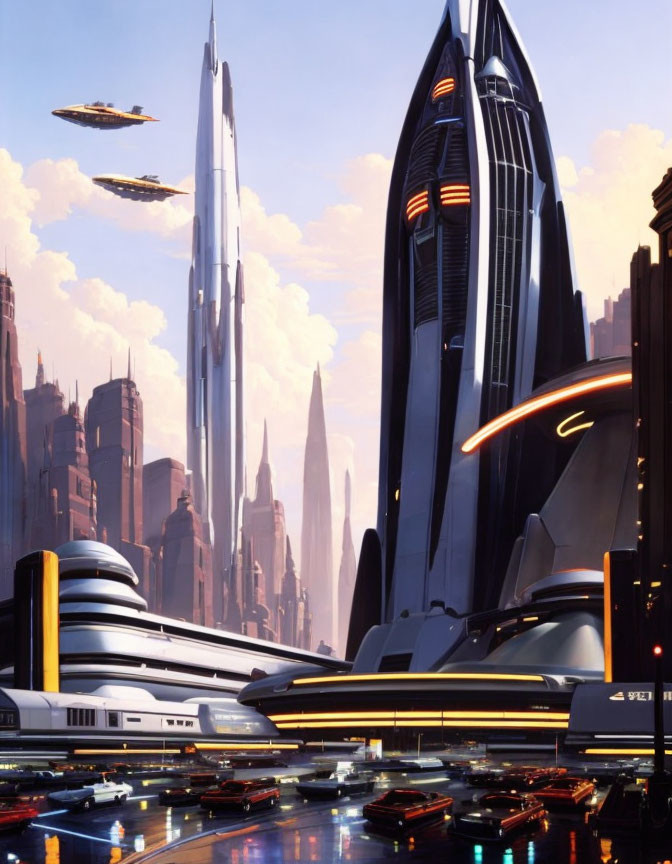 Vibrant futuristic cityscape with skyscrapers and flying vehicles