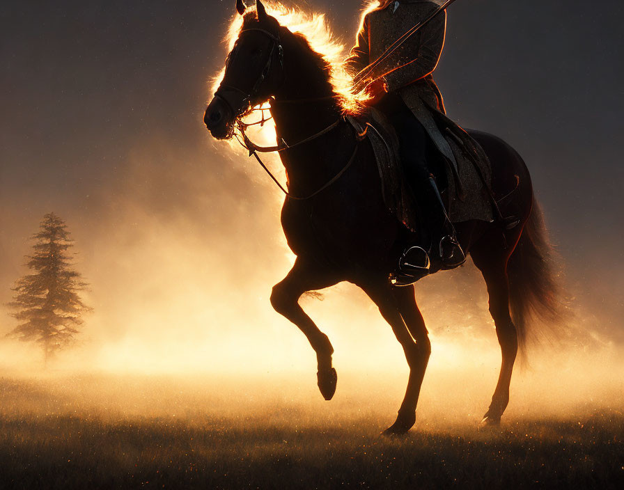 Sunlit silhouette: Horse and rider in dusty setting