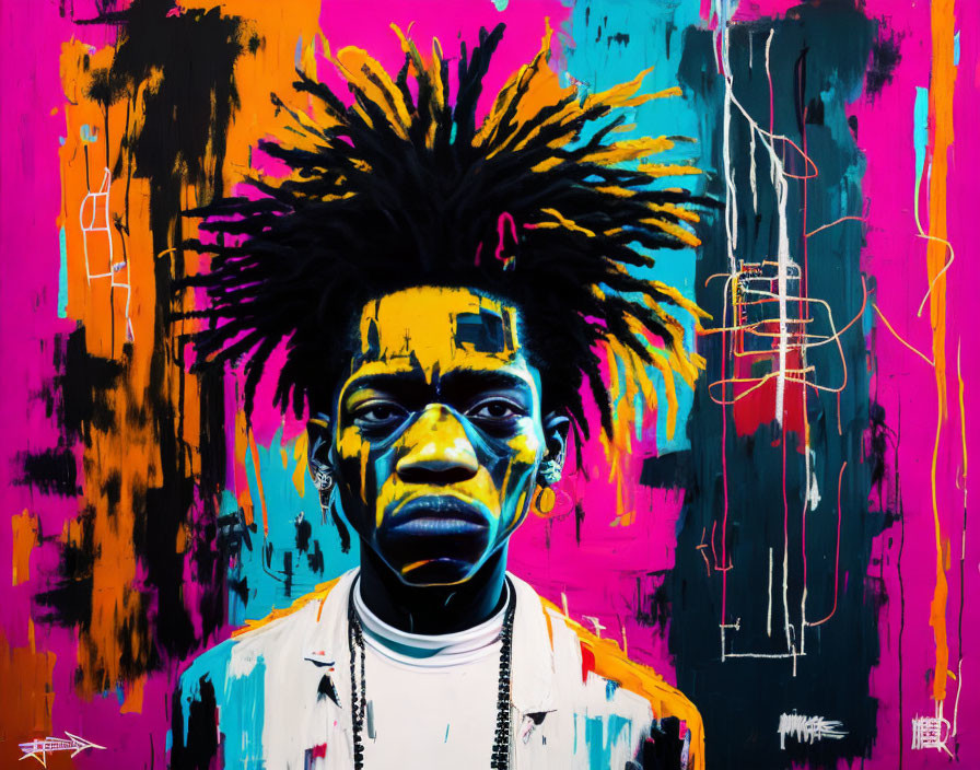 Colorful Graffiti-Style Portrait with Vibrant Streaks and Detailed Features