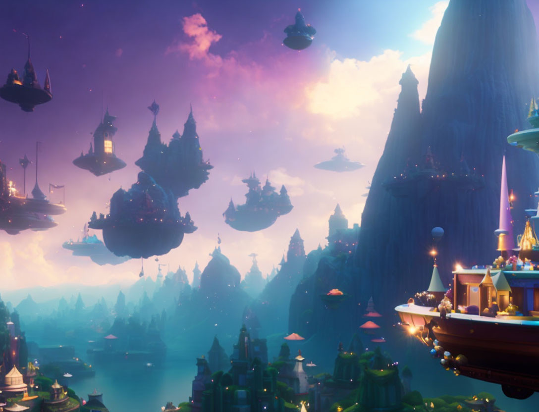 Floating islands with castles and airships in colorful dusk sky