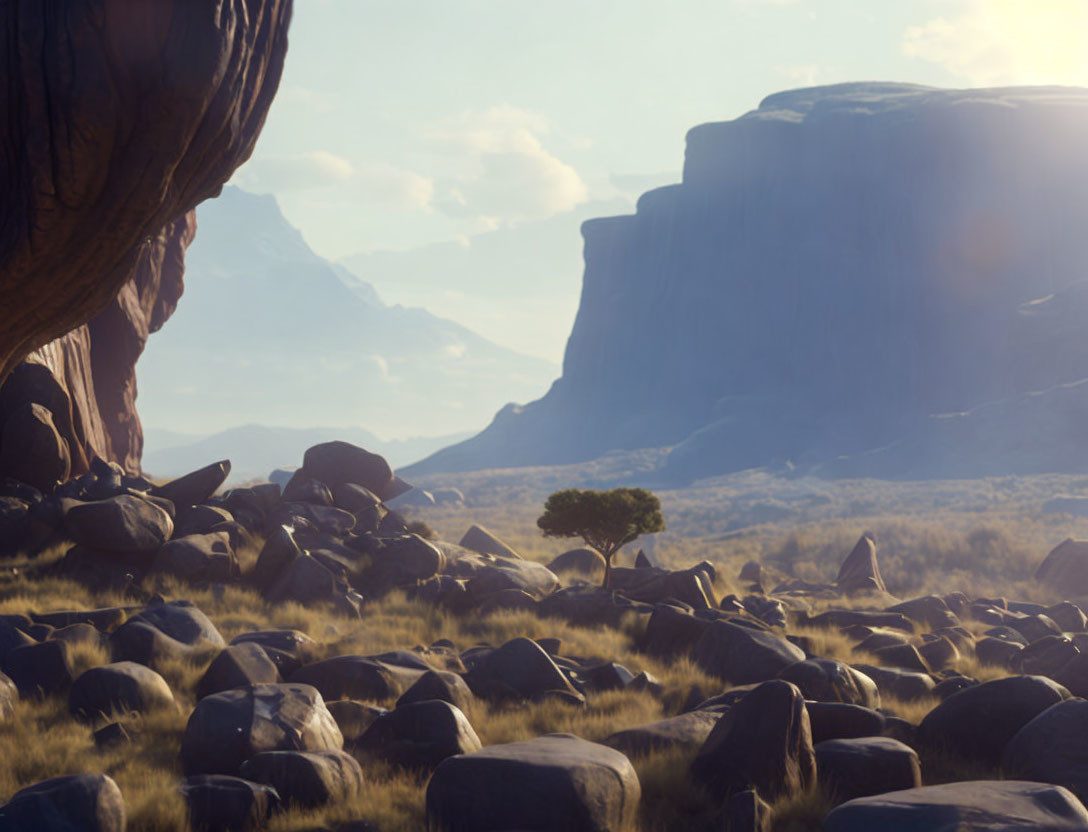 Rocky desert landscape with towering cliffs and scattered boulders under golden sunlight