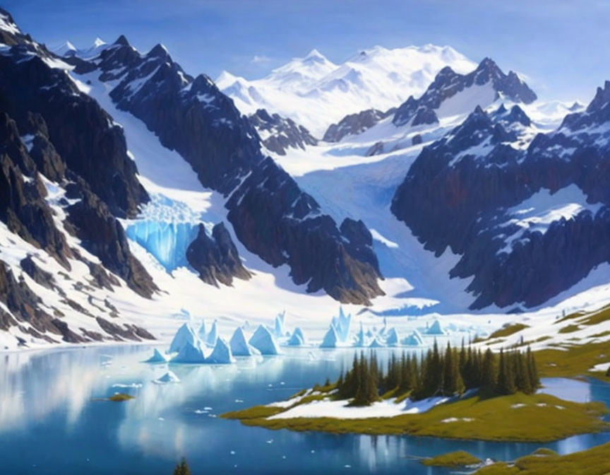 Scenic glacial lake with floating icebergs and snow-capped mountains