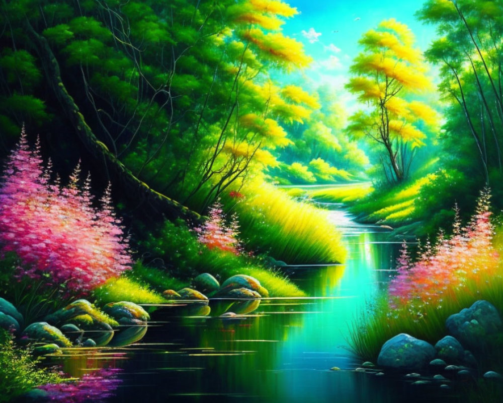 Serene river painting with lush foliage and birds in blue sky