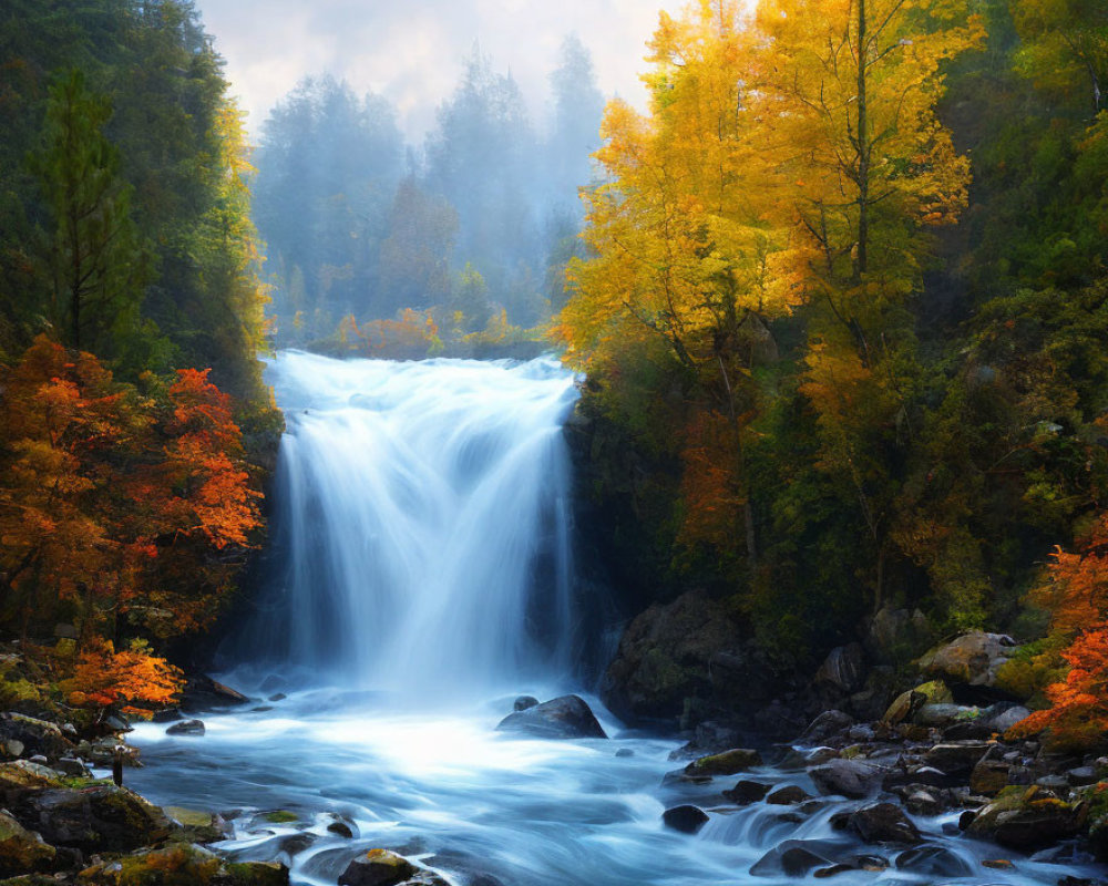 Autumnal forest waterfall under soft misty light