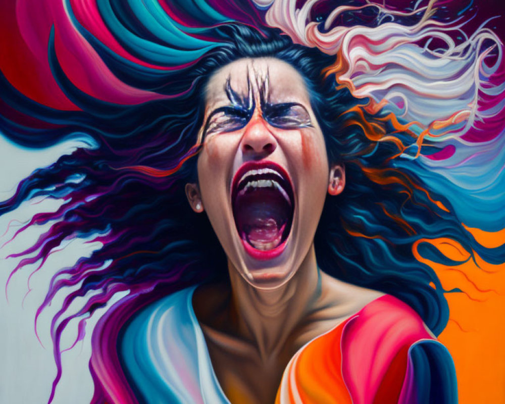 Colorful abstract painting of woman with flowing hair screaming