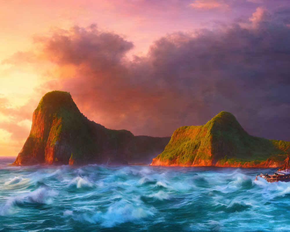 Vivid sunset over rough seas with green-covered islands and a small boat