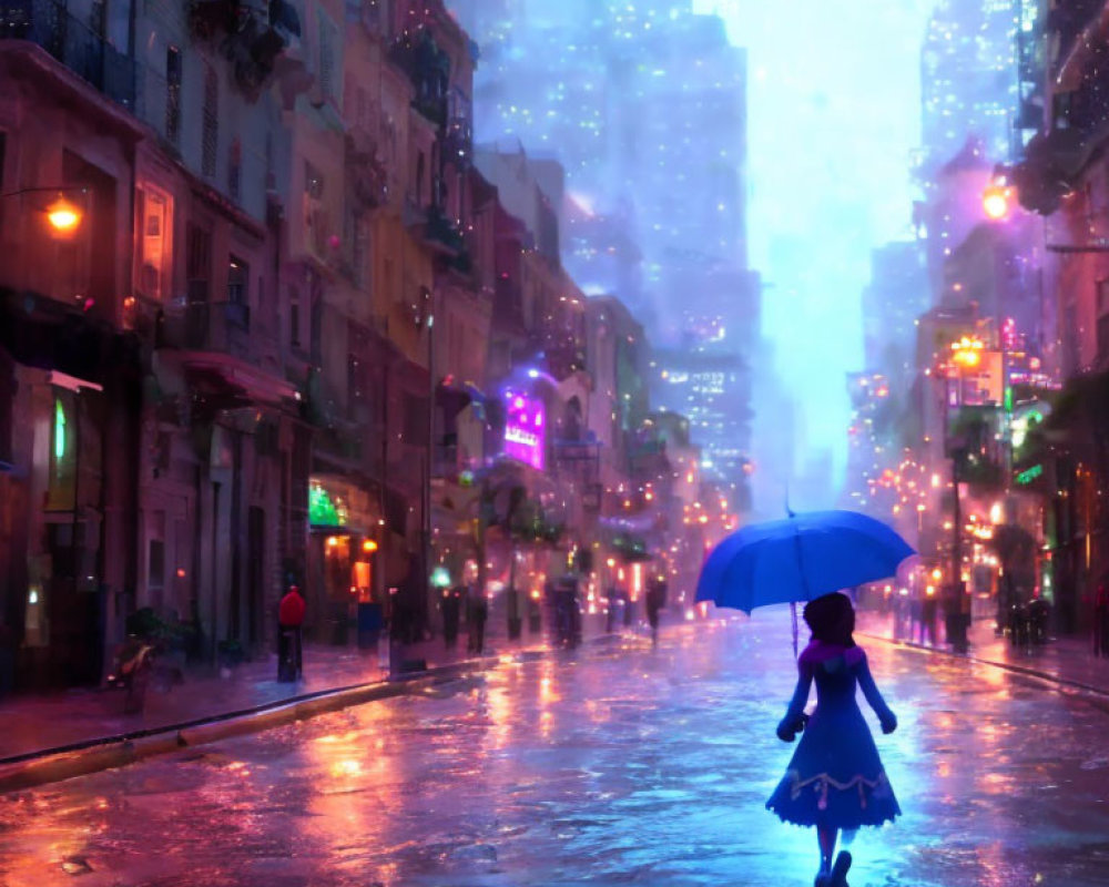 Person with Blue Umbrella Walking on Rain-Soaked Street at Dusk