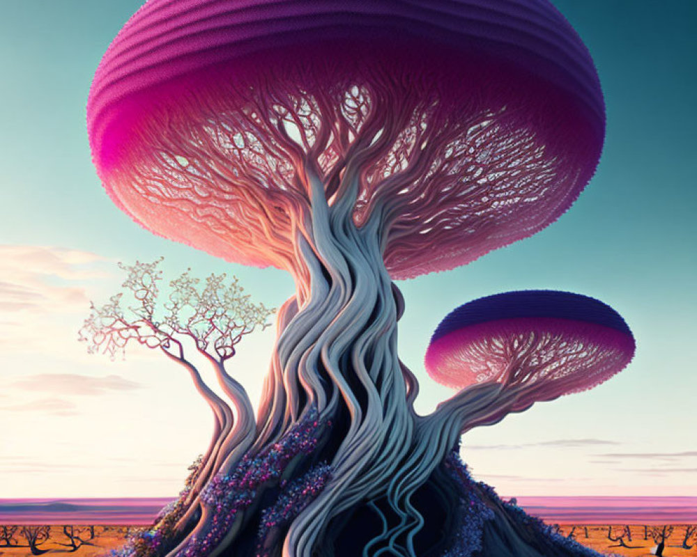 Surreal artwork: Mushroom-like trees in desert twilight