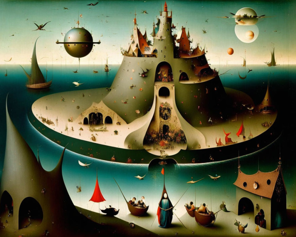 Surreal Painting of Imaginative Landscape with Island-Castle, Boats, and Airships