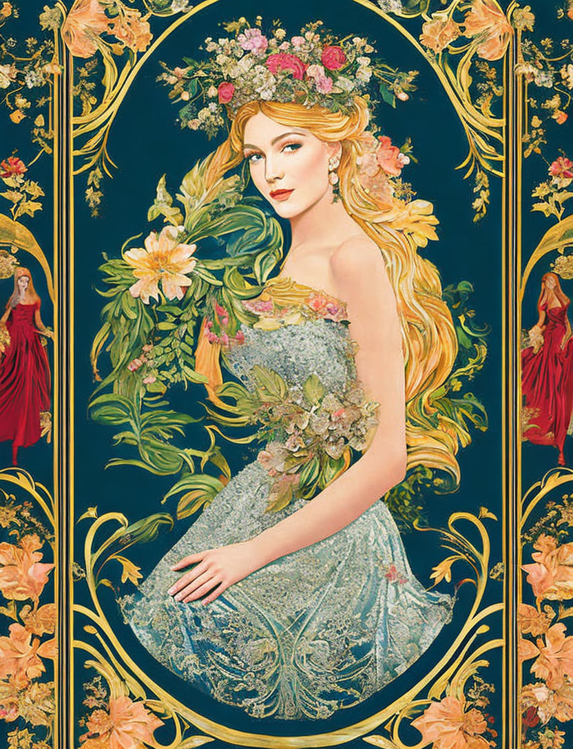 Illustrated portrait of woman with flowing hair and floral-adorned blue dress on floral golden background