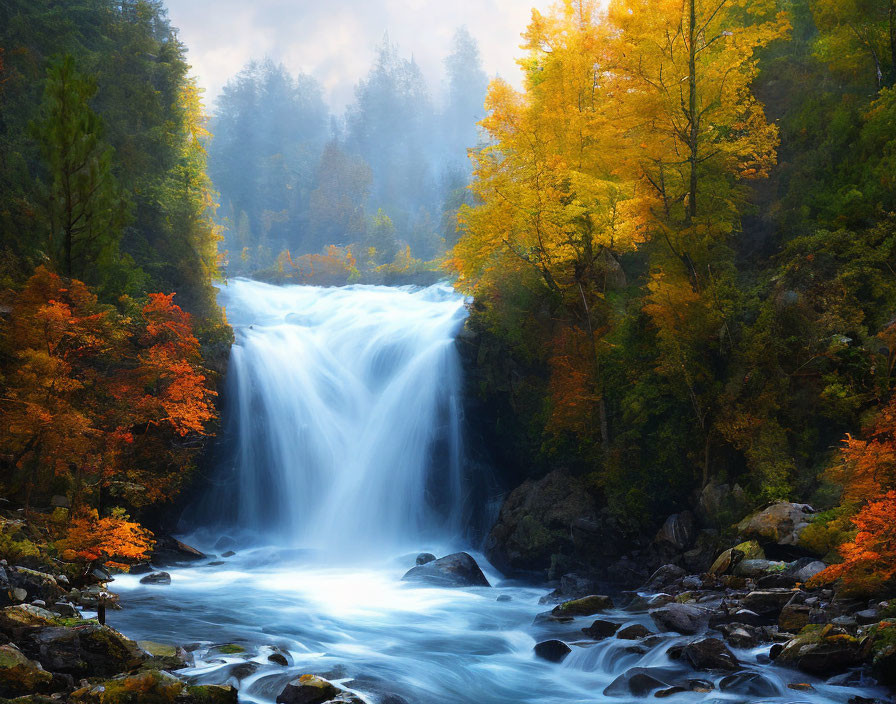 Autumnal forest waterfall under soft misty light