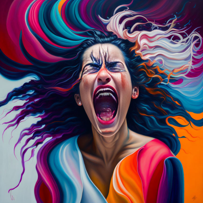 Colorful abstract painting of woman with flowing hair screaming