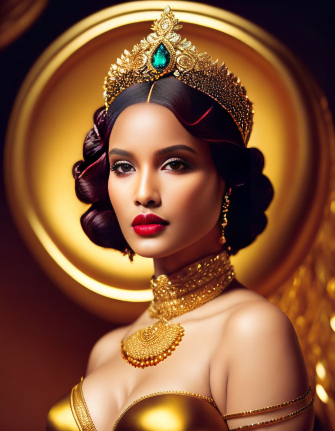 Regal woman with golden crown and necklace on warm golden backdrop