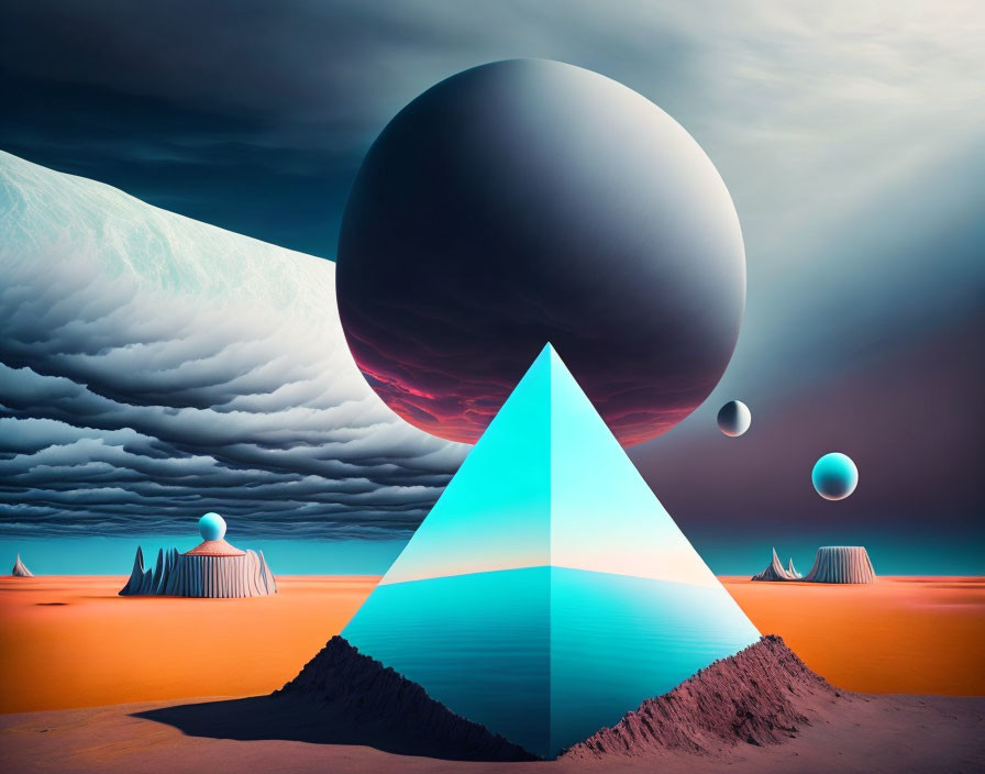 Surreal landscape with glowing pyramid and floating spheres