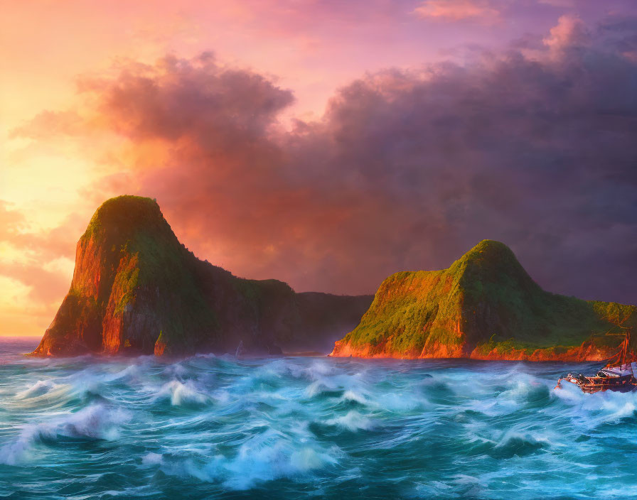 Vivid sunset over rough seas with green-covered islands and a small boat