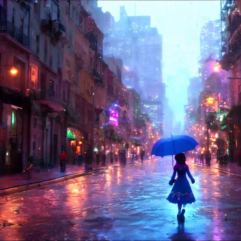 Person with Blue Umbrella Walking on Rain-Soaked Street at Dusk