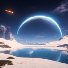 Snow-covered mountains, reflective lake, grassy shore, large planet, and comet in serene landscape