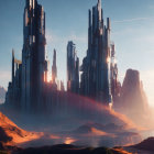 Futuristic cityscape with towering spires against sunset sky and serene waterfront landscape.