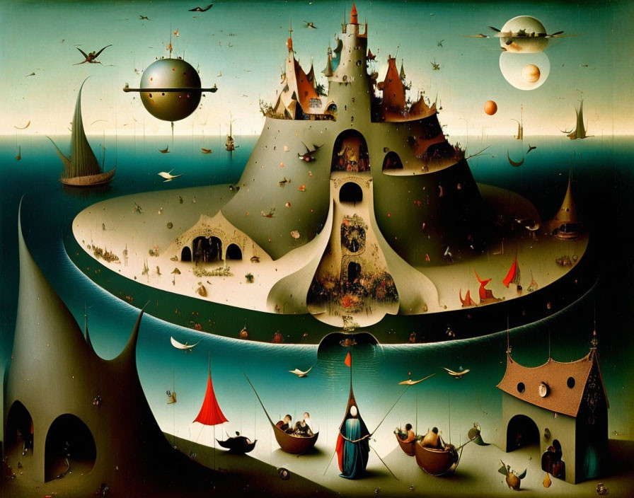 Surreal Painting of Imaginative Landscape with Island-Castle, Boats, and Airships