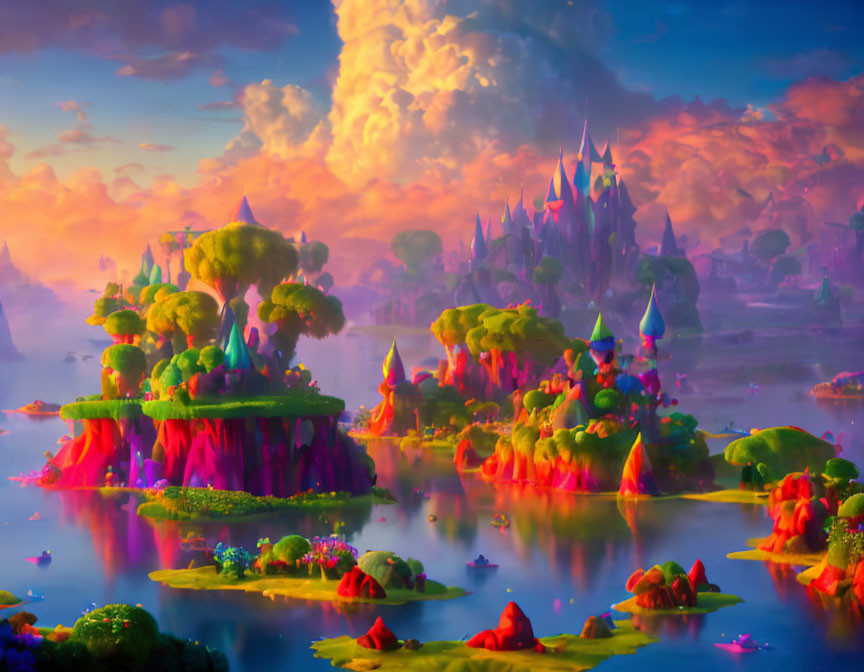 Fantasy landscape with floating islands and majestic castle