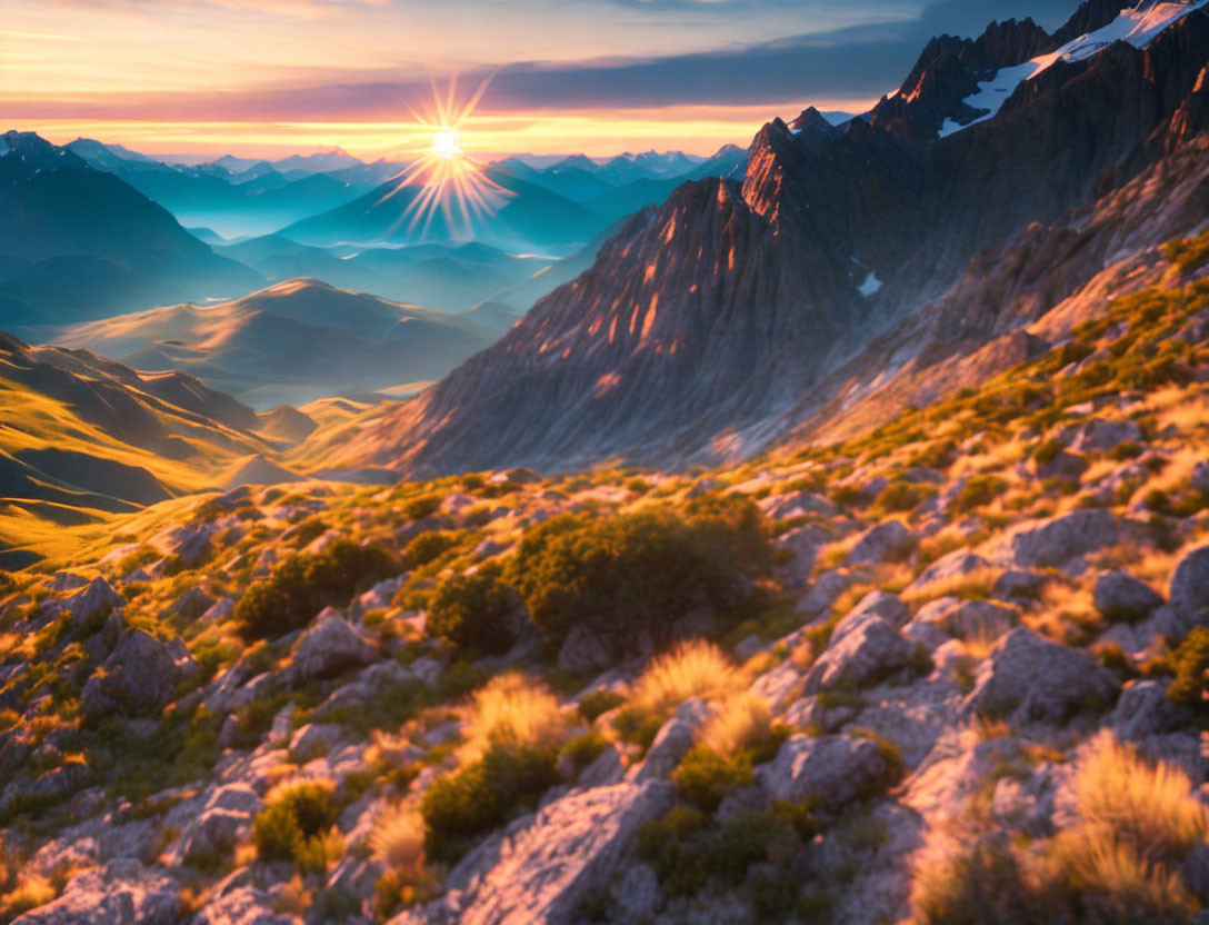 Vibrant sunset over rugged mountains and grassy foreground.