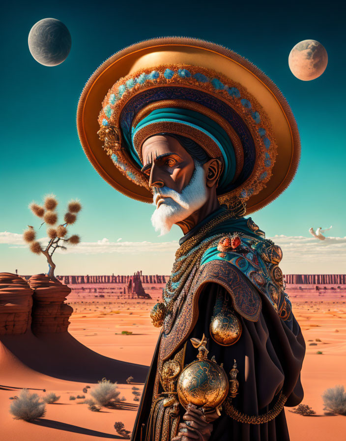 Regal figure in desert with ornate attire and dual moons