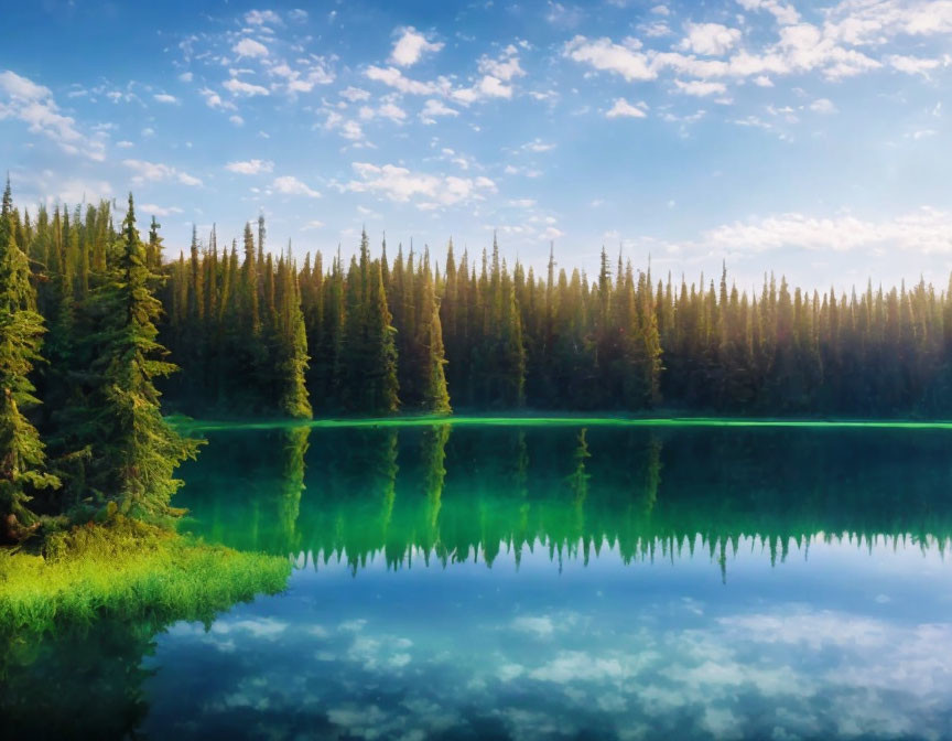 Tranquil emerald lake with evergreen forest and blue sky