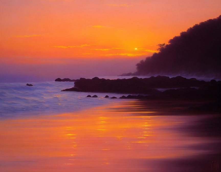 Tranquil sunset scene over calm sea with golden reflections and forested hillside.