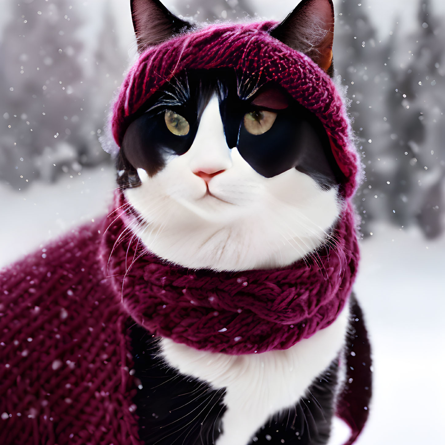 Black and White Cat in Maroon Hat and Scarf in Snowy Scene