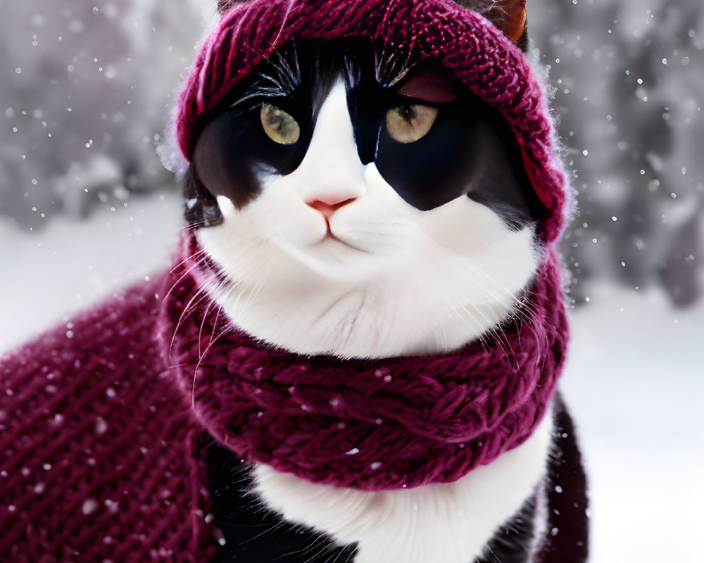 Black and White Cat in Maroon Hat and Scarf in Snowy Scene