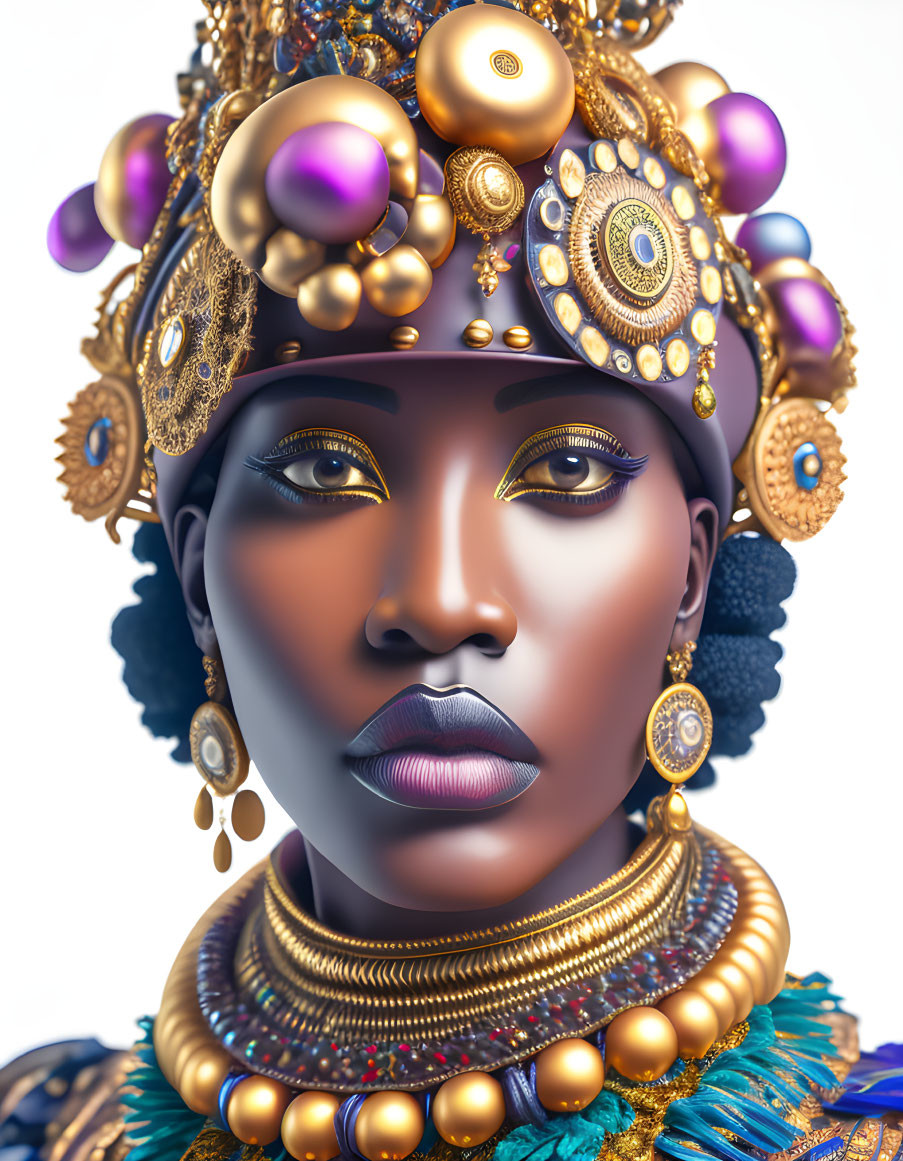 Regal woman digital artwork with ornate gold and purple headgear, jewelry, and makeup on white