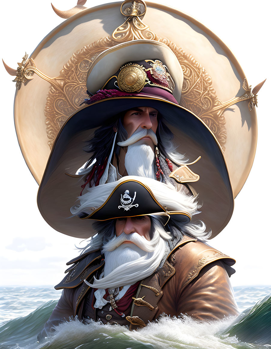 Noble Pirate Captain with Ornate Hat on the Sea