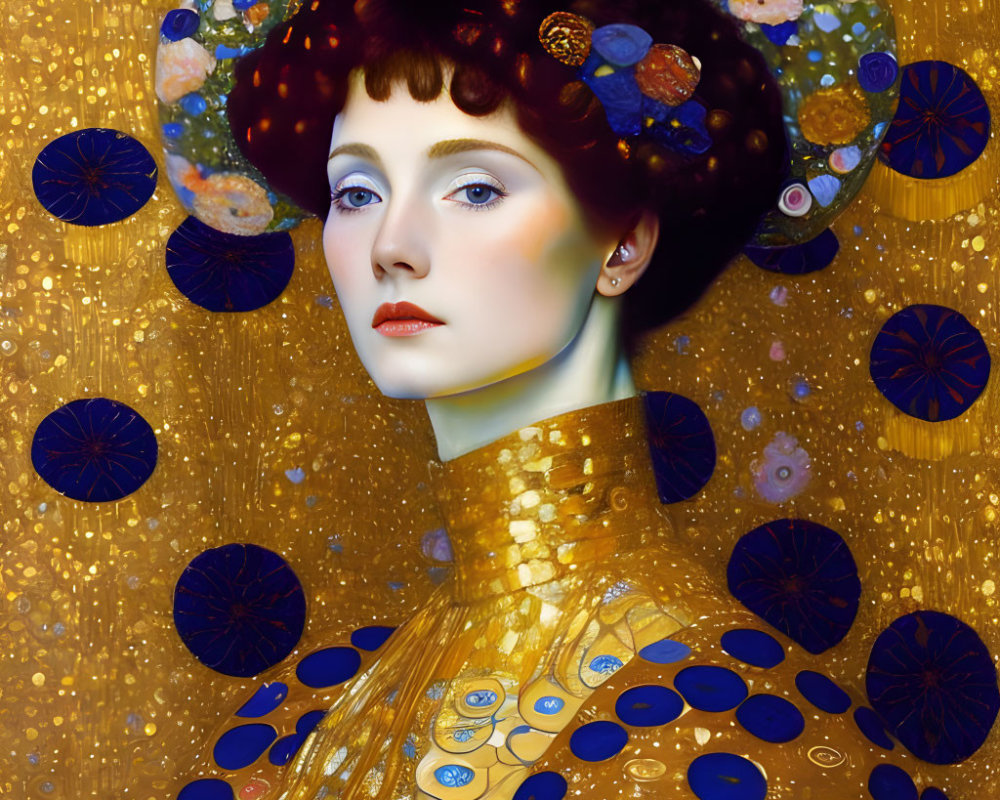 Stylized woman with gold tones and circular patterns