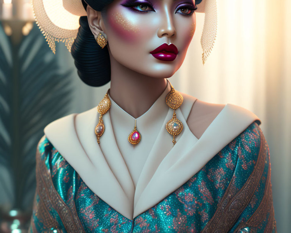 Detailed digital artwork of a woman in traditional attire with elegant makeup and ornate jewelry, set against a