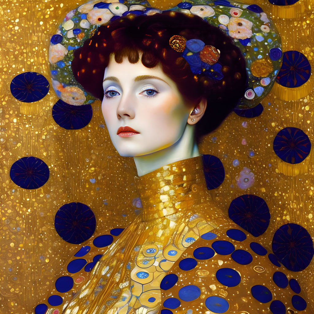 Stylized woman with gold tones and circular patterns