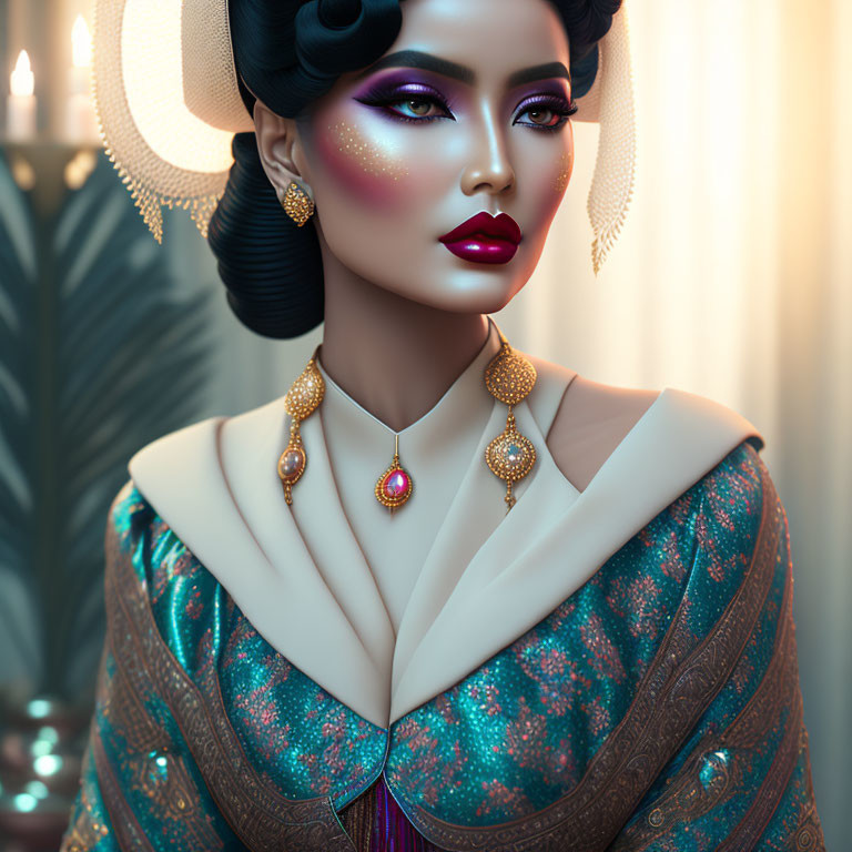 Detailed digital artwork of a woman in traditional attire with elegant makeup and ornate jewelry, set against a