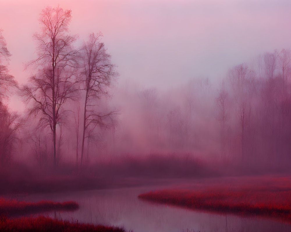 Tranquil dusk landscape with silhouetted trees and pink-hued sky